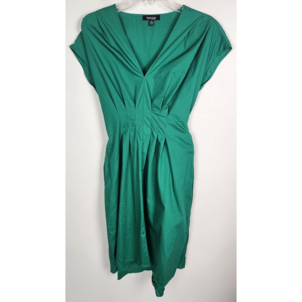 Kensie Women's Sz. 8 Green Pleated Short Sleeve Hi Low Cotton Dress